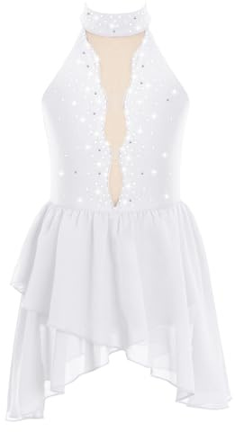 iEFiEL Eiskunstlauf Kleid Mädchen Patchwork Tanzkleid Glitzer Strass Kürkleid Ärmellose Modernen Tanz Trikotanzug Mit Unregelmäßigem Rock Weiß 158-164