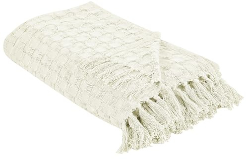 Beliani Tagesdecke Baumwolle Creme weiß 200x220 cm strukturiert mit Fransen modern Bere