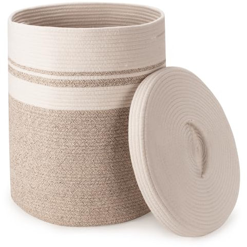 Rieeyrslza Large Cotton Rope Laundry Basket with Lid 58L Foldable Woven Storage Basket, Hollow Handle, Suitable for Living Room, Bedroom, Laundry Room, for Pillows, Blankets, Towels 15 x 20 inches