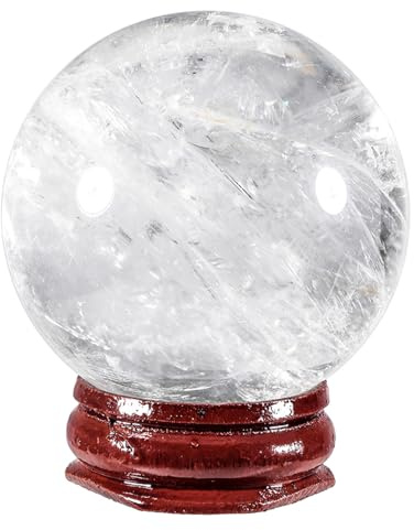Nupuyai Bola de cristal de roca natural con soporte de madera, escultura de esfera de piedra de cristal Feng Shui, decoración del hogar, oficina, meditación, bola de cristal, 45-50 mm