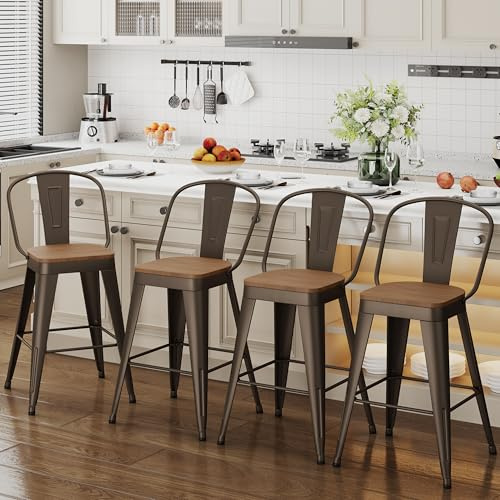 ALISH 24 Inch Industrial Bar Stools Set of 4, High Back Metal Barstools with Large Wood Seat, Counter Height Bar Chairs for Kitchen Island (24 Inch Set of 4, Rusty)