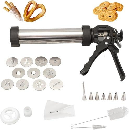 Churro Maker Machine: 304 Stainless Steel Churro & Cookie Press Gun, 3-in-1 Multifunctional Spritz Cookie Press with 1 Hollow Churro Disc, 4 Churro Discs, 6 Cookie Discs, and 7 Piping Nozzles