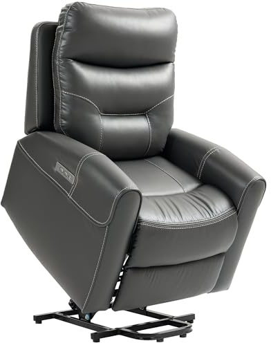 HOMCOM Power Lift Recliner Chair for Elderly, Overstuffed Faux Leather Riser and Reclining Chair with USB A+C Ports, Recliner Armchair for Living Room, Charcoal Grey