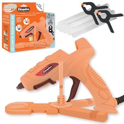 CLEOPATRE - Pistola de pegamento caliente 20 W - Seguridad con punta indicadora de temperatura - Viene con base de estabilidad, 10 varillas de pegamento de 7 mm, 2 pinzas
