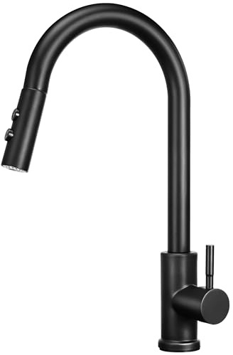 Wasserhahn Küche Schwarz Ausziehbare Küchenarmatur mit 50 cm Brauses chlauch – 360° Drehbar, 2 Sprühfunktionen, Edelstahl 304, Einfache Montage (Bohrloch Ø32,45 mm), Mischbatterie Küche, Armatur Küche