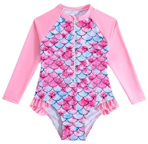 JiAmy Costume da bagno intero a maniche lunghe per ragazze, costume da bagno estivo rash guard per ragazze 3-8 anni, rosa, 5-6 Anni