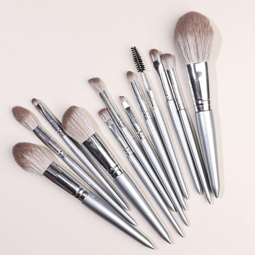 Nvzi Makeupborstset 12 st premium syntetiska foundation pulver concealers ögonskuggor rodna silvriga sminkborstar, brun