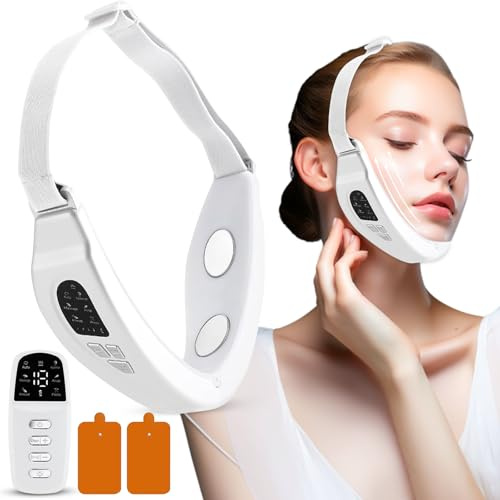 Aolawco Massaggiatore elettrico V-Face Shaping, EMS Facelifting dispositivo bianco con 6 modalità 18 livelli di intensità, doppio mento con telecomando, massaggiatore viso per linea sottile della