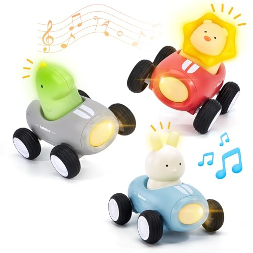 Hahaland Baby 3 Stück Spielzeugautos Set,Push & Go Auto Spielzeug mit Musik und Licht für 1 2 3 jährige Jungen Mädchen Kleinkinder,Dinosaurier,Löwen,Kaninchen,Geschenk für Kinder ab 12 18 Monate