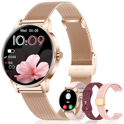 Reloj Inteligente Mujer 4 Correas,1.27 Smartwatch Mujer con Llamadas, 120+ Modos Deportivos Podómetro,24H Frecuencia Cardíaca/SpO2/Sueño/Ciclo Femenino/IP68 Fitness Tracker para Android iOS,Oro Rosa