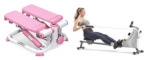 Sunny Health and Fitness Exercise Stepping Machine, Portable Mini Stair Stepper + Compact Folding Magnetic Rowing Machine w/ 109 cm Slide Rail, 130 KG Max