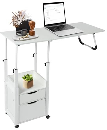 MEELRYD Sängbord, höjdjusterbart skrivbord, trä, laptopbord soffbord med 2 hyllor, fällbord med lådor, mobilt sidobord för arbete, läsning, mat, sovrum, soffa, vitt