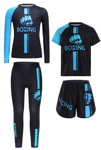 Kvysinly Ensemble de Boxe Enfant Garçon Hauts d'Entraînement Short MMA Kickboxing Legging Sport Uniforme Bleu clair 11-12 ans