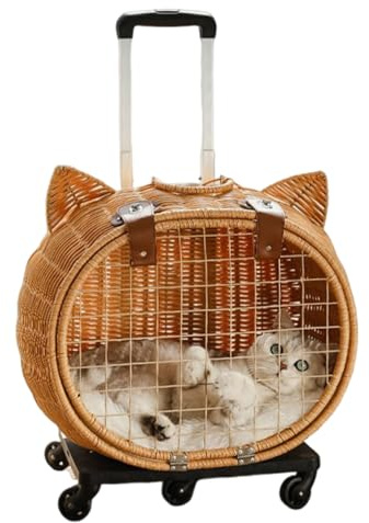 Hunde- Mittlerer Haustiertransporter Retro atmungsaktiv mit Wagen | Rattan Reisefür Katzen und Hunde Mittelgroße Welpen Kitten Tiere Reisetransport Picknick Outdoor Camping Einkaufen