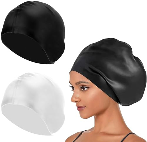 2-pack Large Swimming Cap Women Long Hair, Elastic Non-Slip & Waterproof Swim Hat, Comfortable Hypoallergenic Swim Caps for Women (2, Black*1 White*1【L】)