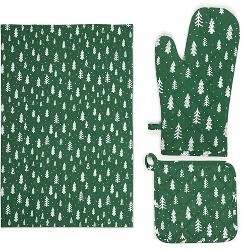 Excelsa Green Winter Set Canovaccio Presina e Guanto da Forno, 3 Pezzi in Cotone Verde con Motivo Abeti Bianchi, Include Canovaccio 50x70cm, Presina 20x20cm e Guanto Forno, Collezione Natalizia