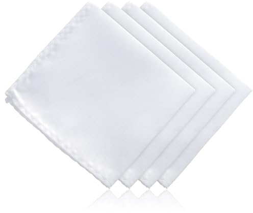 4PCS White Silk Pocket Squares for Men, Satin Pocket Square, Pure Pocket-Square, Elegant Vegan Silk Handkerchief Set for Wedding, Banquet, Dinner, Graduation Ceremonies, Christmas and Party (22x22cm)