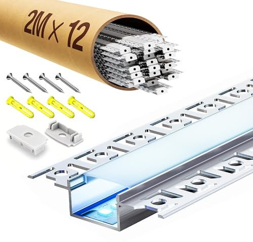 LASLUX 12x LED Trockenbauprofil 2M, LED Schiene 2M Aluminium Profil Schiene Unterputz Kanal und Diffusor Aufputz für Indirekte Beleuchtung Decke