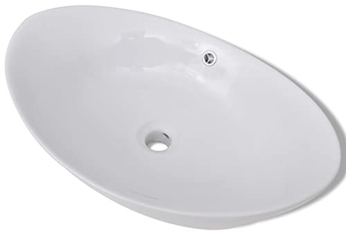 HETFTJN Keramik Waschbecken Oval 59x38,5 cm - Modernes Aufsatzwaschbecken Weiß mit Überlauf - Elegantes Waschschale Design-Aufsatzwaschtisch für Badezimmer, Gäste-WC und Schminkraum