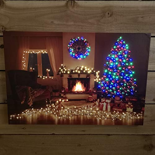 Snowtime Battery Operated Fibre Optic LED 60x40cm Festive Room With Fire & Tree Canvas