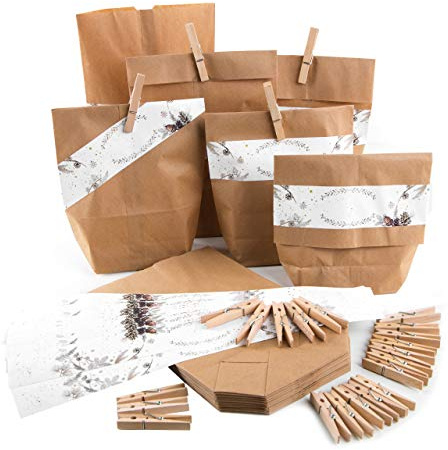Logbuch-Verlag SET Weihnachtsverpackung 25 Papierbeutel Weihnachten 19 x 29 cm mit Aufkleber und Klammer für Geschenke