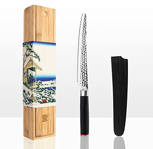 KOTAI | Coltello da pane | Coltello seghettato | Lama da 20 cm | Martellato e affilato a mano | Acciaio inossidabile giapponese 440C | Manico in legno di Pakka | Codolo completamente nascosto
