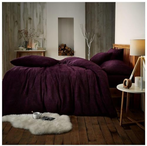GC GAVENO CAVAILIA Teddy Fleece Duvet Cover King Size, Luxury Fluffy Bedding Set, Easy Care Fur Comforter Set, Aubergine