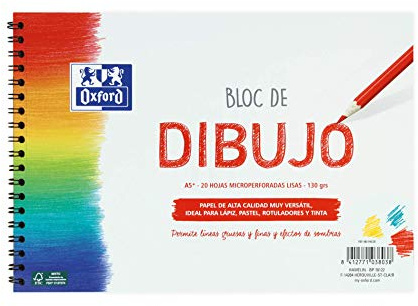 OXFORD Bloc dessin A5 + couvercle souple/rabat rigide 20 feuilles 130 g lisse avec spirale.