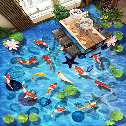 ZHEN WALLPAPER Personalisierte Selbstklebende Boden 3D Steinfliesen Tapete Wandbild Chinesischen Stil Karpfen Lotus Wohnzimmer Badezimmer Wasserdicht Aufkleber * 350 cm x 256 cm (137,8 x 100,8 Zoll)