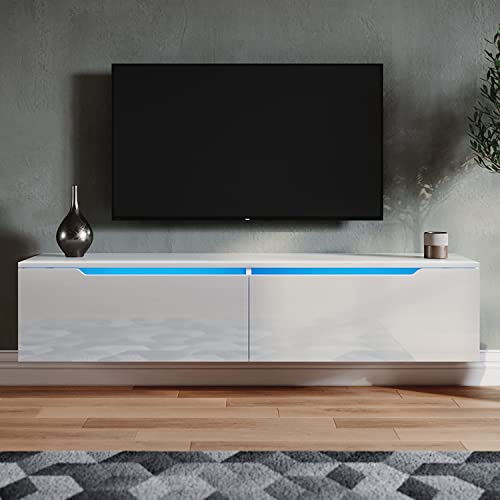 SONNI Fernsehschrank mit LED 16 Farben, Hängend/Stehend, Weiß, 140x35x30cm | Fernsehtisch Hochglanz für Fernseher bis zu 55 Zoll, Lowboard mit 2 Klapptürfach, TV-Regal für Wohnzimmer, Schlafzimmer