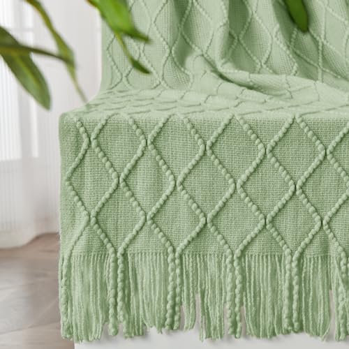 inhand Coperta verde salvia per divano, morbida coperta lavorata a maglia per soggiorno e casa, con nappa, coperta estiva leggera traspirante per esterni, in tessuto caldo, decorativa, 127 x 152,4 cm