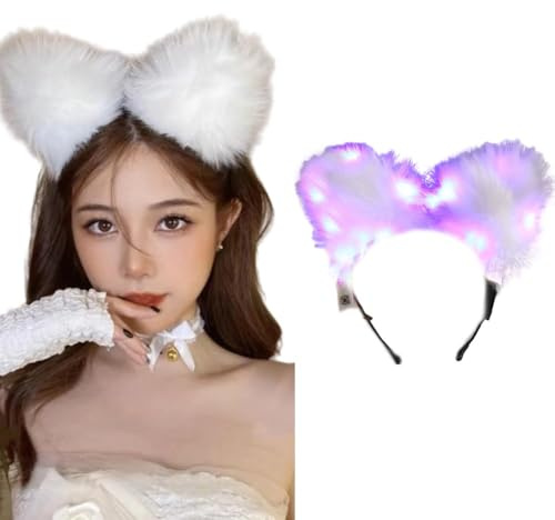 Serre-tête lumineux à LED avec oreilles de chat en fausse fourrure pour Noël, fête, cosplay, Halloween, anniversaire, violet, Medium