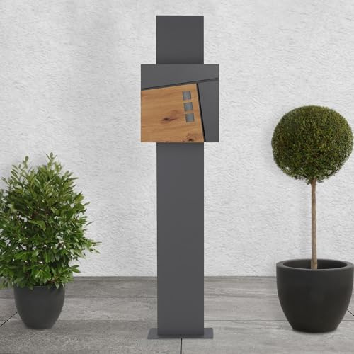 ECD Germany Standbriefkasten mit Zeitungsfach, Briefkasten Standfuß freistehend, Briefkastenständer Anthrazit 170cm aus Edelstahl pulverbeschichtet, Postkasten Anthrazit/Holzoptik 37x37 cm aus Stahl