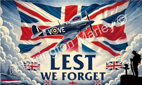 Harrington Marley WW2 Flag, Large 3 x 5ft, Lest We Forget British Remembrance Day Banner - Union Jack Spitfire Soldier VE Day & VJ Day WWII Raise England Flags Memorabilia Decorative Wall Art