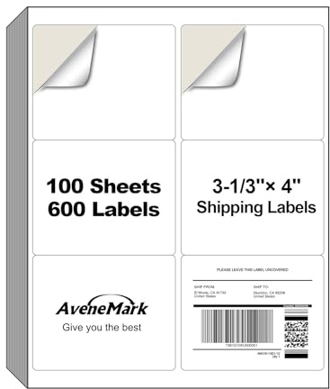 AveneMark 100 Sheets 600 Labels Shipping Address Labels, 6 up 3-1/3 x 4 Quick to Peel Stickers Paper for Laser & Inkjet Printers, Printable Mailing Labels Stickers (6 Labels per Page Sheet)