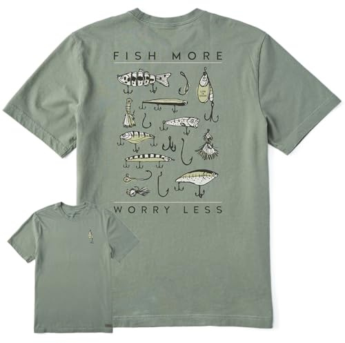 Life is Good Men's Fish More Worry Less Hooks and Tackle Short Sleeve Crusher Tee (X-Large, Moss Green)
