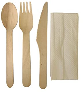 Set Posate Usa e Getta Imbustate - Posate Monouso in Legno 16 CM,Cucchiaio Forchetta Coltello Biodegradabili - no plastica - con Salvietta e Forchette Usa e Getta (50 pezzi)