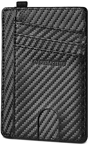 GADIEMKENSD Credit Card Holder RFID Blocking Genuine Leather Slim Wallet Compact Size Card Cases for Women & Men with D-Shackle Keychain Purse Carbon Fiber Black