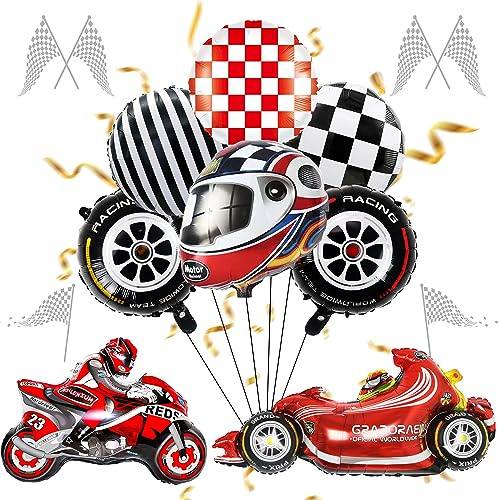 Rennballon Set 8 Stück - Rennauto, Motorrad & Geburtstag Deko, Car Themen Helm für Kinder & Babyparty