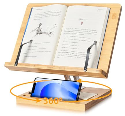 Wishacc Support de livre réglable avec base rotative à 360° et pince latérale pliable pour cuisine, partitions, ordinateur portable, recettes, textes, mains libres (33,5 x 23,4 cm)