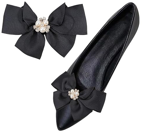 GORGECRAFT 1 Paio di Clip per Scarpe Bowknot Scarpe con Fiocco di Perle Ciondoli Rimovibili per Scarpe Fibbia Nastro Clip In Poliestere Nero Gioielli Accessori Decorativi per Festa di Nozze