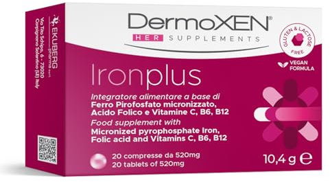 DERMOXEN Ferro Acido Folico e Vitamina B12. Integratore Utile in Gravidanza e Allattamento. Con Vitamina C contro Stanchezza e Affaticamento. 20 Compresse Senza Glutine e Lattosio