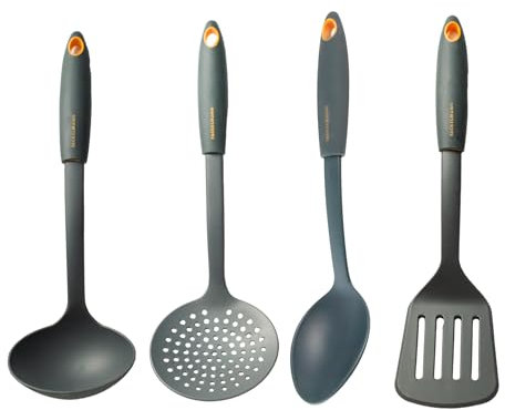 Fackelmann Soft Set de Utensilios de Cocina, Incluye Cazo, Espumadera, Cucharón de Servir y Paleta de Cocina, Polipropileno con Alta Resistencia al Calor, Mango Flexible de Tacto Suave, Color Gris