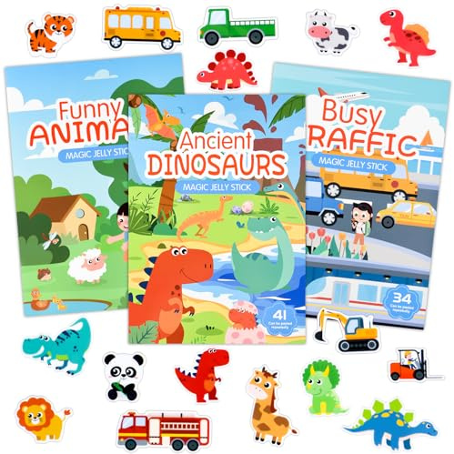 ASTARON 3 Pack Wiederverwendbare Sticker Buch für Kleinkinder, 3D Sticker Szenen Buch pädagogische sensorische Lernspielzeug, Reise Spielzeug Flugzeug Aktivitäten für Kinder