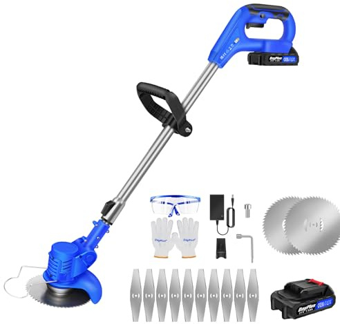 21V Akku Unkrautentferner, 1000RPM, Elektro Rasentrimmer mit 1 x 1.5Ah Akku und Ladegerät, 10 x Metallklingen, 2 x Kreissägeblätter, Verstellbarer Kopf, Teleskopstange