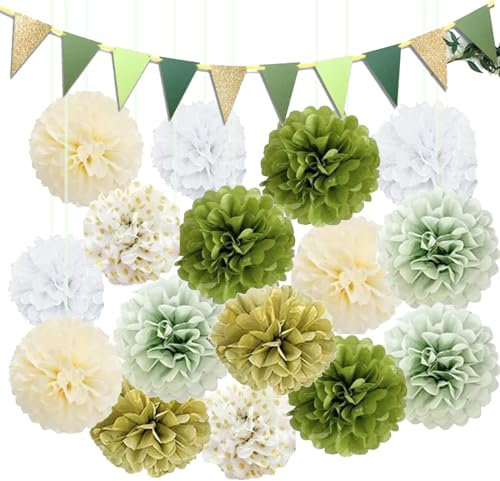 TREABEAR 26Pcs Decorazioni Compleanno, Pon Pon Verde Salvia Fiori di Carta, Bandierine Colorate, Decorazioni Matrimonio, Fiori Giganti per Allestimenti, Fiori di Carta Giganti, Decorazioni Battesimo B