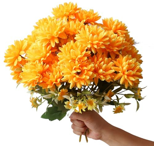 Autumn Artificial Flowers for Outdoors Faux Mums Yellow Marigold Outside, UV Resistant 6PCS 30 Fall Fake Silk Chrysanthemums for Porch Pots Patio Garden Vase Halloween Thanksgiving Decor