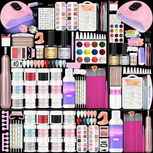 Kit de salon de manucure, poudre acrylique avec liquide acrylique, 60 ml, ponceuse à ongles pour ongles en gel, avec lampe UV pour ongles en gel, kit de nail art (Joyful Chapters Nail Kit)