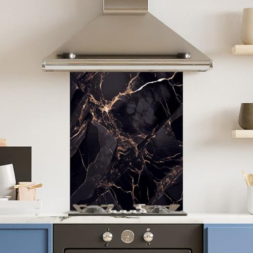 Toughened 6mm Glass Kitchen Splashback 60 x 75cm Dark Marble - Polished Edge Heat Resistant Back Splash for Cookers Hob
