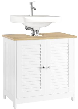 SoBuy Waschbeckenunterschrank mit Siphonöffnung 60x59x35cm für Badezimmer | Badschrank mit Verstellbaren Regalböden, Badezimmerschrank aus MDF, Anti-Schimmel Lamellentür, Weißnatur, FRG237-WN